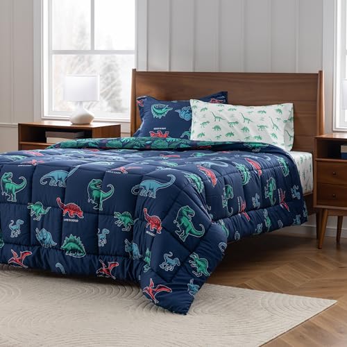 Berkshire LIG Printed Reversible Microfiber Comforter Set–5-Piece, Ultra Soft All-Season Bedding, Wrinkle & Fade Resistant, Twin, Life was Good Dinos Navy - color: Life Was Good Dinos Navy, size: Twin