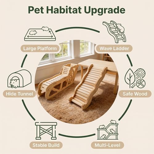 3Pcs Hamster Tunnel and Platform Set, Wooden Hamster Accessories with Wavy Stairs, Multi-Level Cage Hiding Place, Small Animal Climbing Toy, Habitat Decoration (Natural Wood)