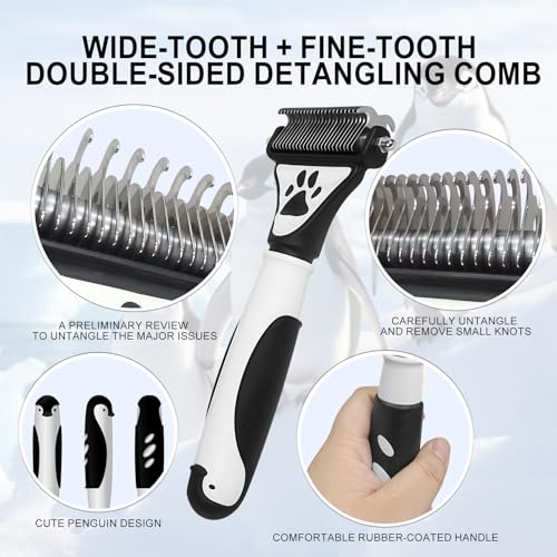 2-in-1 Fine&Wide Tooth Pet Dematting Comb for Dogs&Cats | Stainless Steel Blade,Penguin Handle,Deshedding Dog Brush,Undercoat Rake for Short&Long Haired Pet,Remove Loose Hair Tangles