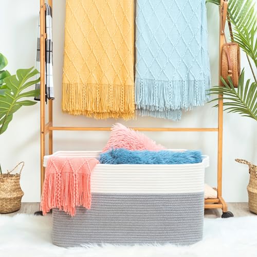 22in Extra Large Blanket Basket Holder Living Room, Rectangle Rope Woven Storage Basket with Handles for Laundry, Pool Towels, and Shoes, Dog Toy Organizer Bin Box, Gray - color: Gray
