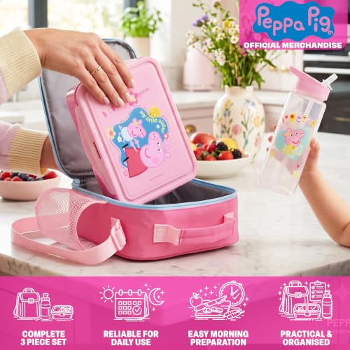 Get Trend Peppa Pig Girls Lunch Box 3Pc Set | Kids Insulated Lunch Bag with BPA-Free Water Bottle and Bento Box, Back to School Gifts for Girls - color: Pink Peppa Pig