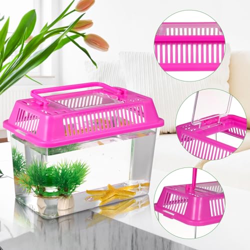 Toddmomy 4Pcs Portable Fish Tank with Handle, 5.9-Inch Small Plastic Reptile Carrier for Travel, Transparent Critter Keeper for Betta Fish, Turtles & Hamsters, Mini Pet Habitat Breeding Box