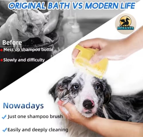 MERAXES Pet Grooming Bath Brush with Soap Dispenser – Soft Silicone Massage Bristles for Dogs & Cats, Gentle Deshedding & Deep Cleaning for Long or Short Hair – Yellow