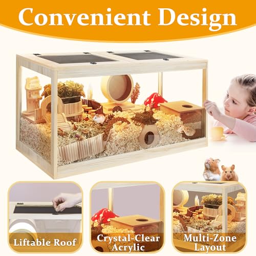 PROLEE Hamster Cage with Metal Mesh Top, Chewproof Wooden Guinea Pig Cages, Mice and Rat Habitat,Large Hamster Cages with Acrylic Sheets Solid Built (24X16X16 Inch) - size: 24.0"L x 16.0"W x 16.0"H