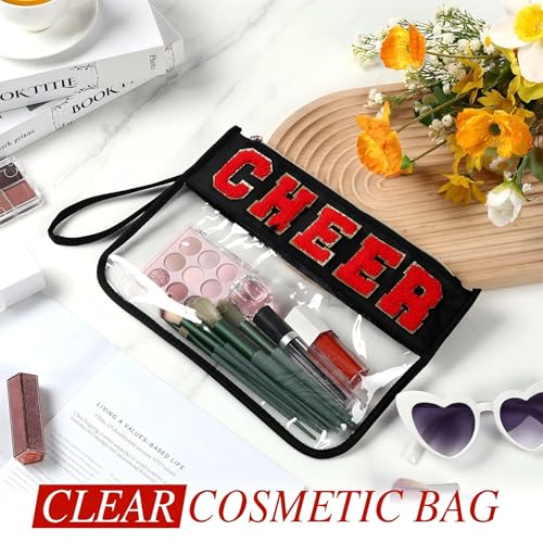 Kacctyen 20 Pcs Black Chenille Letter Cheer Bags Bulk Cheerleader Clear Makeup Bags Snacks Pouch Bulk Preppy Patch Cosmetic Pouch with Wrist Strap Zipper for Travel Team Cheerleaders - color: Black