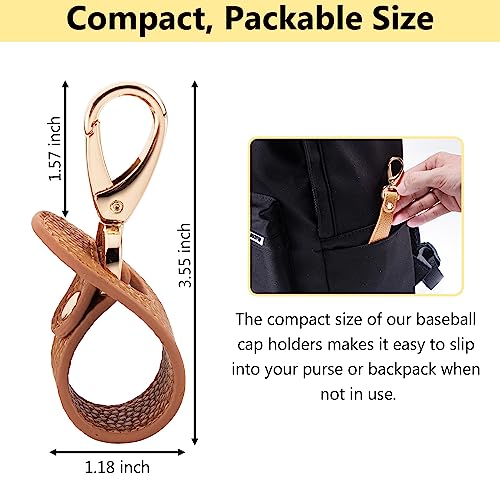 Hat Clip for Travel, Cap Holder Strap for Bags | Faux leather tab, zinc alloy clasp, fits baseball snapback and ponytail caps, mouse ear holder, hands free travel - color: Brown