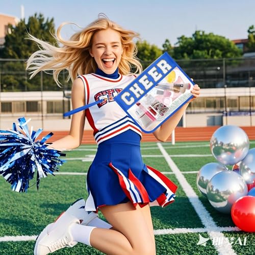 Kacctyen 20 Pcs Blue Chenille Letter Cheer Bags Bulk Cheerleader Clear Makeup Bags Snacks Pouch Bulk Preppy Patch Cosmetic Pouch with Wrist Strap Zipper for Travel Team Cheerleaders - color: Blue