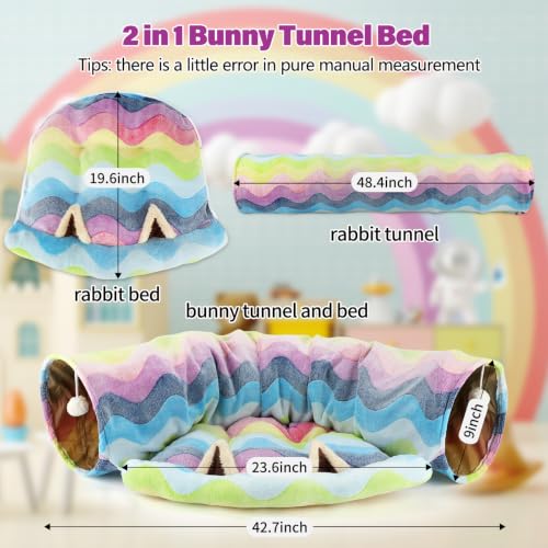 BWOGUE Bunny Tunnel Bed, 2-in-1 Collapsible Rabbit Tunnel Hideout with Mat | Removable Mat for Washing, Ball Toy for Play, Tunnel Tubes for Hiding, Soft Suede Fabric, Cats Rabbits Guinea Pigs - color: Rainbow