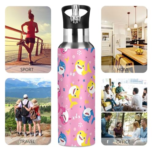 Shark Cartoon Pink Water Bottle Kids Stainless Steel Water Bottle with Straw Lid, Leak Proof Boys Girls Insulated Tumbler Cup for School 20 oz - color: Multi13