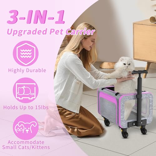 Airline Pet Carrier with Wheels, 18x11x11 for Cats & Toy Dogs | Soft-sided nylon under-seat bag, removable wheels, expandable mesh, cats & toy-breed dogs, measure pet before buying - color: Pink