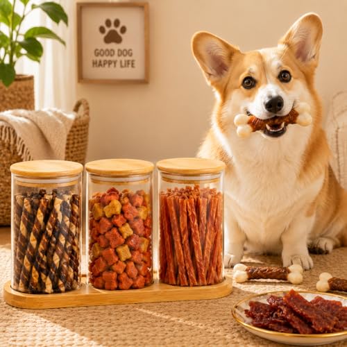 Dog Treat Jar-Dog Treat Container-with 3 Glass Jars and1bambootray,Fashionable Treat Containers with Lids for Pets-Cat Treat Container Glass & Bamboo Combo Set,for Cat Dog Treat Organizer(3 * 25oz)
