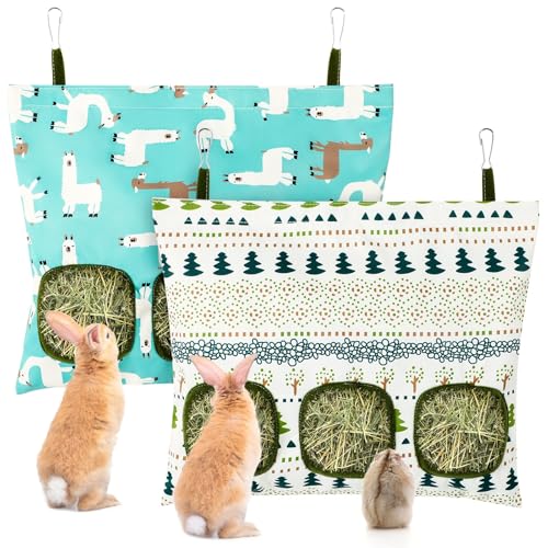 UPINS 2Pack Guinea Pig Hay Feeder Bag,Bunny Rabbit Cage Bag Hanging Holder | Guinea Pig Cage Feeder,for Bunny Rabbits,Chinchillas,Hamsters,Small Pets,and Animals - color: White Blue, size: 34 x 28 cm