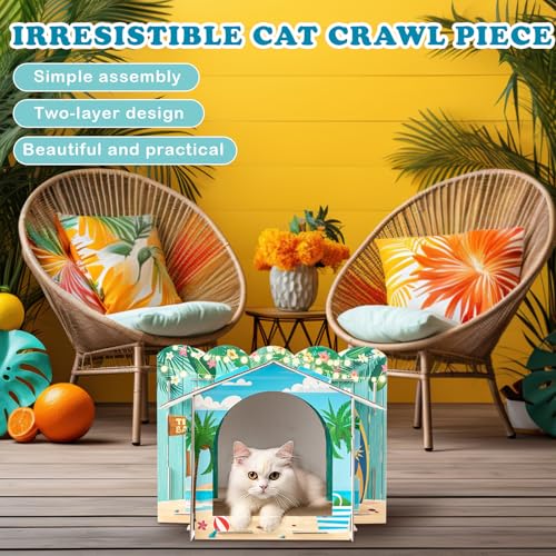 Lineshading 2 Story Cardboard Cat House with Scratcher Pad, Multi Level Durable Cat Scratcher House for Small Kitten Bunny Rabbit Animals Christmas Birthday Gift(17x12x10,Hawaii) - style: Hawaii