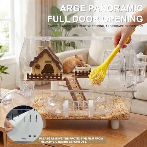 Loungewave Acrylic Hamster Cage, 8 in 1 Gerbil Cage with Accessories | Classic House Style, Dwarf Hamster Cage with Full Transparent Viewing, Clear View Inside Easy to Clean, Excellent Ventilation - color: Transparent