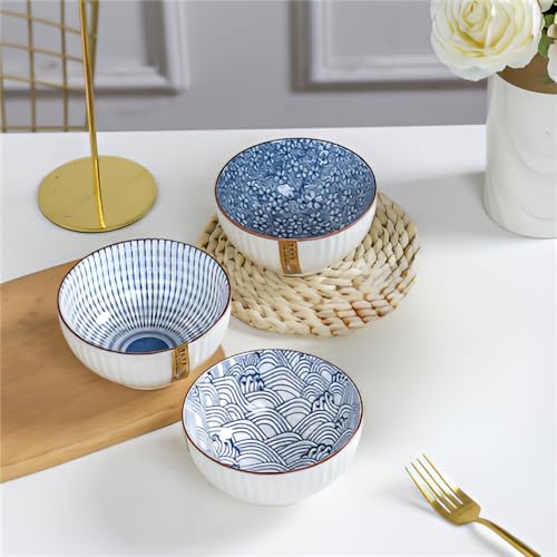 10 oz Small Ceramic Bowls Set of 6, 4.5 Inch Japanese Blue and White Bowls for Ice Cream, Rice, Dessert, Snack, Dipping, Microwave and Dishwasher Safe - Mixing Pattern - size: Mixing Patterns
