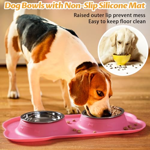 Hubulk Pet Dog Bowls 2 Stainless Steel Dog Bowl with No Spill Non-Skid Silicone Mat + Pet Food Scoop Water and Food Feeder Bowls for Feeding Small Medium Large Dogs Cats Puppies (M, Pink) - color: Pink, size: Medium