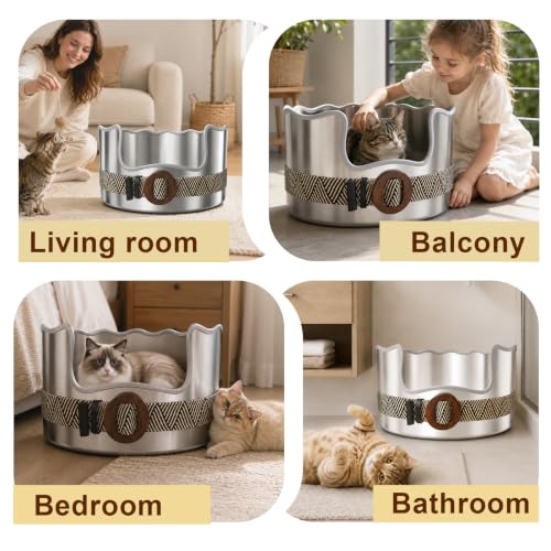 Round Stainless Steel Cat Litter Box High Sided, Large Metal Litter Box with Fashion Woven Belt, Easy Access & Turning Litter Pan for Medium & Senior Cats, Kittens, Odor Control, Easy to Clean