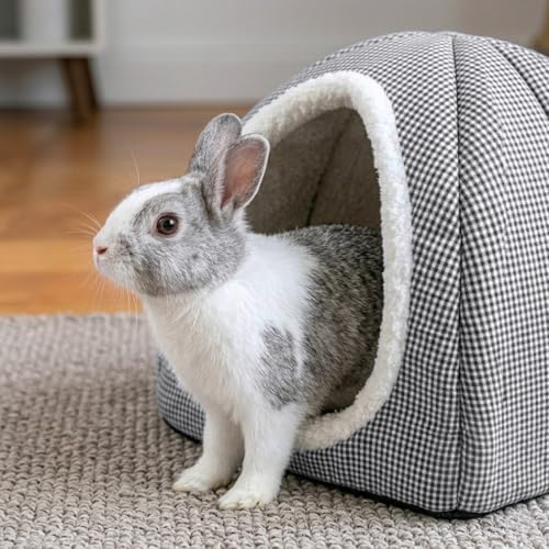 Rabbit Hideout Bed for Large Bunnies, Soft Plush Bunny House | Cozy Small Animal Hideaway with Removable Pad for Indoor Rabbits, Guinea Pigs, and Ferrets, Charcoal - color: Charcoal