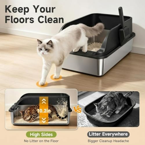Stainless Steel Litter Box with High Sides, Include Scoop, Black | Easy Cleaning Anti-Urine Leakage Non-Sticky Open Top Low Entry - color: Black XL