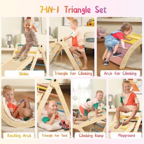 Pikler Triangle Set with Cushion, 7 in 1 Toddler Climbing Toys Indoor | Foldable Space-saving Design, Montessori-inspired Learning, Reversible Slide & Ramp, ASTM F963 Standards for Toddlers 18M-5Y - color: Rainbow