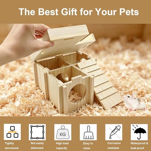 Wooden Hamster Hideout,Dwarf Hamster Hide House with Platform & Bowl & Ladder,Small Hamsters Maze Hut Hides Habitats Decor Cage Accessories for Gerbils,Mice,Mouse