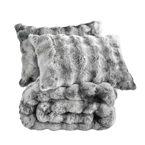 Fredsure Faux Rabbit Fur Comforter Set, 3 Pieces Tie Dye Grey King, Faux Rabbit Fur Face and Microfiber Reverse - color: Tie Dye Grey, size: King