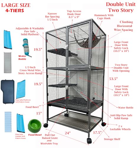 Large Two Full Story Deluxe Double Unit 4-Tiers Tight 1/2-Inch Bar Spacing Durable Front Doors Water Bottle Food Bowl for Feisty Ferret Squirrel Hammock Rat Gerbil Small Animal Critter Rolling Cage