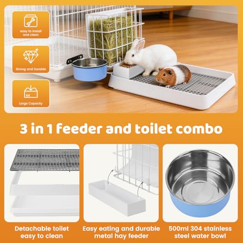 3 in 1 Rabbit Litter Box with Hay Feeder, Bunny Litter Box with Metal Hay Feeder and Hanging Water Bowl for Bunny, Guinea Pigs, Chinchillas and Other Small Animals