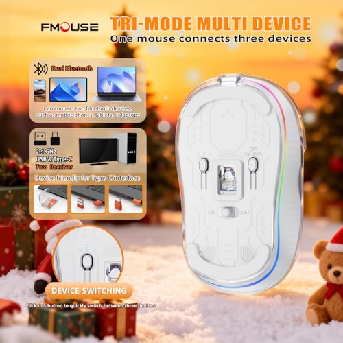 FMOUSE Transparent Wireless Mouse, Tri-Mode Bluetooth & 2.4GHz, White | Santa Claus Figurines | USB-A & USB-C Receiver | Rechargeable | MacBook Laptop iPad PC | Silent Clicks | Portable | RGB - color: White - Christmas Special Edition
