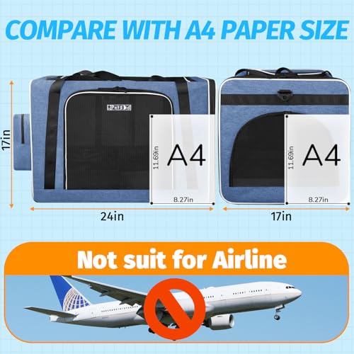Extra Large Cat Carrier with Litter Box for Car Travel, Blue | 24"L x 17"W x 17"H, Seat Anchors and Lockable Safety Zippers, Collapsible Soft Sided, for 1 Medium-Large Cat or 2 Small Cats