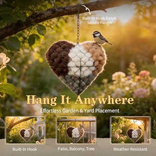 2pc Handmade Alpaca Fiber Heart Bird Nesting Material Holder Hummingbird Nest Balls Ornament for Cage Box Cage Accessories Nido Para Periquitos House for Wild Birds Handmade Metal Refillable Birds