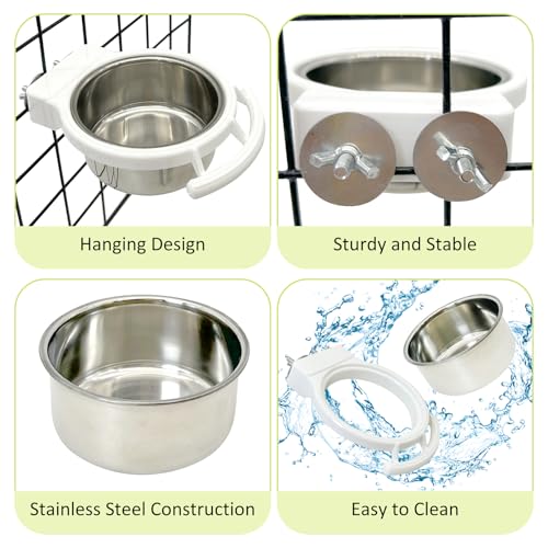 Stainless Steel Bird Bowls for Cage 2 Pcs Parrot Feeding Dish Metal Food and Water Cups Detachable Birds Cage Feeder Hanging Finch Food Plates with Perch for Parakeet Budgie Lovebird (White) - color: White