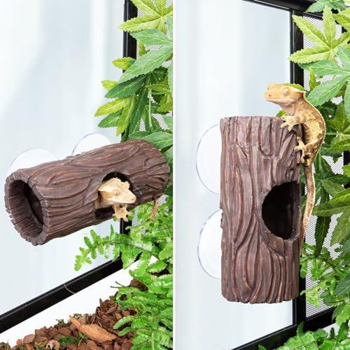Reptile Hide, Resin Hollow Log Hideout with 2pcs Powerful Suction Cup, Reptile Tank Accessories Climbing Toys Terrarium Hideaway Caves Decor for Gecko, Lizard, Snakes, Hermit Crabs, Forgs