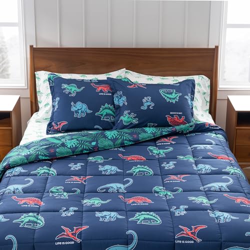 Berkshire LIG Printed Reversible Microfiber Comforter Set–7-Piece, Ultra Soft All-Season Bedding, Wrinkle & Fade Resistant, Queen, Life was Good Dinos Navy - color: Life Was Good Dinos Navy, size: Queen