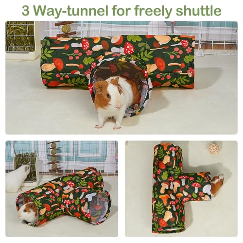 Bienbee Guinea Pig Tunnel, 3 Way Washable Guinea Pig Hideout,Foldable Rabbit Tunnel Guinea Pigs Toys for Bunny Hamster Chinchilla Ferret Rabbit Guinea Pigs Accessories Mushroom | Guinea Pig Hideout, Portable Tubes with Cute Print,High Dense Fabric for Sma
