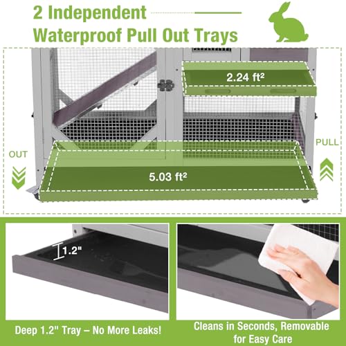 GUTINNEEN 2-Story Rabbit Hutch Indoor Bunny Cage Outdoor Guinea Pig House Wooden Small Animal Cage with Chew-Proof Ramp, Leak-Proof Tray, Lockable Wheels for 2-4 Rabbits, Guinea Pigs (Grey) - size: 39.3"L x 22.0"W x 36.8"H