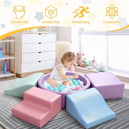 Hoohtoot Foam Climbing Blocks for Toddler: with 4-Piece PU Leather Climbing Toys and a Ball Pit - Foam Ball Pit for Toddlers - Climbing Toys Indoor for Kids Crawling (Purple Climbing Blocks) - style: Purple Climbing Blocks