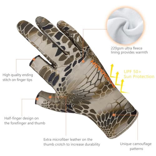 BASSDASH Unisex Fingerless Fleece Liner Camo Hunting Gloves for Cold Weather UPF 50+ Lightweight Fishing Photography HG06 - color: Highland Ⅲ, size: Medium