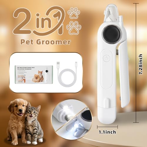 2-in-1 Quiet Electric Pet Nail Clipper & Grinder with Light for Dogs Cats | 3-Speed Grinding, Nail Catcher, Safety Guard, Low-Noise Motor, USB Rechargeable Design for Stress-Free Home Grooming - color: white