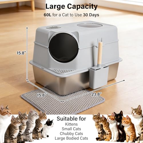 Stainless Steel Litter Box with Lid,XL Large Enclosed Cat Litter Box | Front & Top Entry Metal Litterbox, Odor Control,Anti-Leakage, Non-Sticky, Includes Mat&Scoop,23.8 x 15.8 x 15.8 inches - color: Enclosed