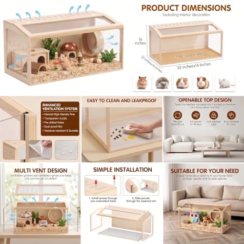 Hamster Cage Large, 32-Inch Wooden Enclosure, Open Top Acrylic View | 270° Panoramic Acrylic View, Open Top, Easy To Clean, Three-Sided Ventilation,Perfect Rat Cage, Gerbil Cage, Mouse Cage