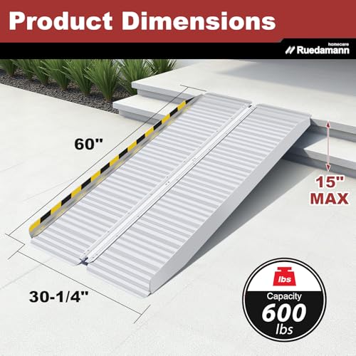 Ruedamann 5FT Portable Wheelchair Ramp for Home Steps, Non-Slip Aluminum | Wheelchair Ramp With Upgraded Hinge, Aluminum Folding Ramp for Doorways, Ramp for Wheelchairs, Scooters, Steps, Stairs, Pets - size: 5FT Silver(Using Height 5-15'')