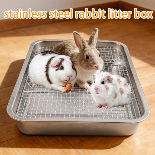 kathson Stainless Steel Rabbit Litter Box,Metal Litter Tray for Rabbits,Large Space Stainless Steel Bunny Litter Pan with Grid,Small Animal Toilet Training Accessories for Cats Guinea Pig Hamster