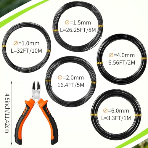 Mudder 5 Roll Aluminum Bonsai Training Wire Tree 1/1.5/2.0/4/6mm 85 Feet Total with Bonsai Wire Cutter Anodized Training for Holding Branches Small Trunks(Black) - color: Black, size: 1/1.5/2/4/6mm