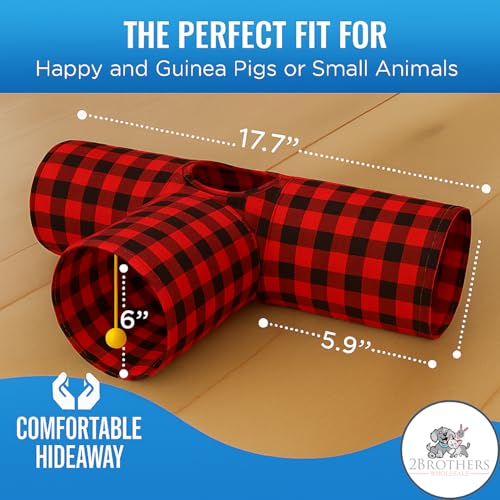 Tunnels with 3-Way Entrance - Cozy, Washable Guinea Pig Hideout - Interactive Cage Toys (Red Plaid) - color: Red Plaid