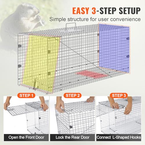 VEVOR Live Animal Cage Trap, 42" x 16" x 18" Humane Cat Trap Galvanized Iron, Folding Animal Trap Cage with Handle for Stray Dogs, Armadillos, Raccoons, Foxes - size: 42" x 16" x 18"