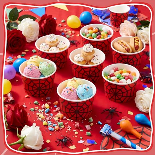 Jingmore 100 Pcs Ice Cream Paper Cups Bulk 8 oz Disposable Dessert Bowls for Hot or Cold Food Snack Treats Gift for Birthday Summer Party Favor Decoration(Red Spider) - style: Red Spider