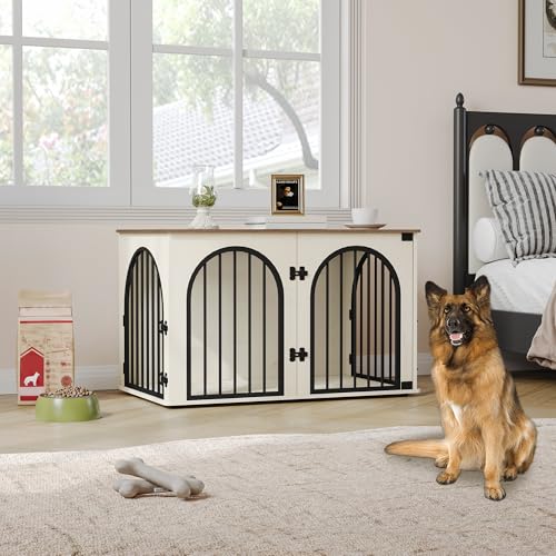 39.4" Wooden Dog Crate Furniture, Indoor Dog Kennel Dogs Cage for Small/Medium/Large Dogs, Heavy Duty Dog Crates Decorative Pet House End Side Table TV Stand, White Brown DFC84114B | Dog Kennel Furniture Wooden Dog Cage Heavy Duty Dog Crate Decorative Pet