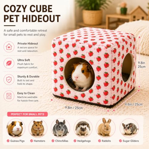 Guinea Pig Hideout House with Removable Cushion, Washable Small Animal Cube Bed, Cozy Bunny Hideaway for Guinea Pigs, Chinchillas, Hedgehogs, Hamsters & Dwarf Rabbits - color: Pink Strawberry