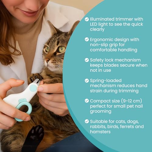 LED Pet Nail Clipper with Safety Guard for Cats & Small Dogs - Claw Trimmer with Light for Nail Bloodline - Razor Sharp Blades for Kitten Bunny Rabbit Bird Ferret Guinea Pig Hamster